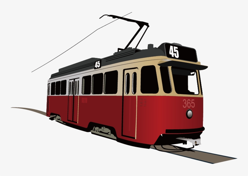 Vintage red and cream tram #365 on route 45, with pantograph raised and track shadow below.