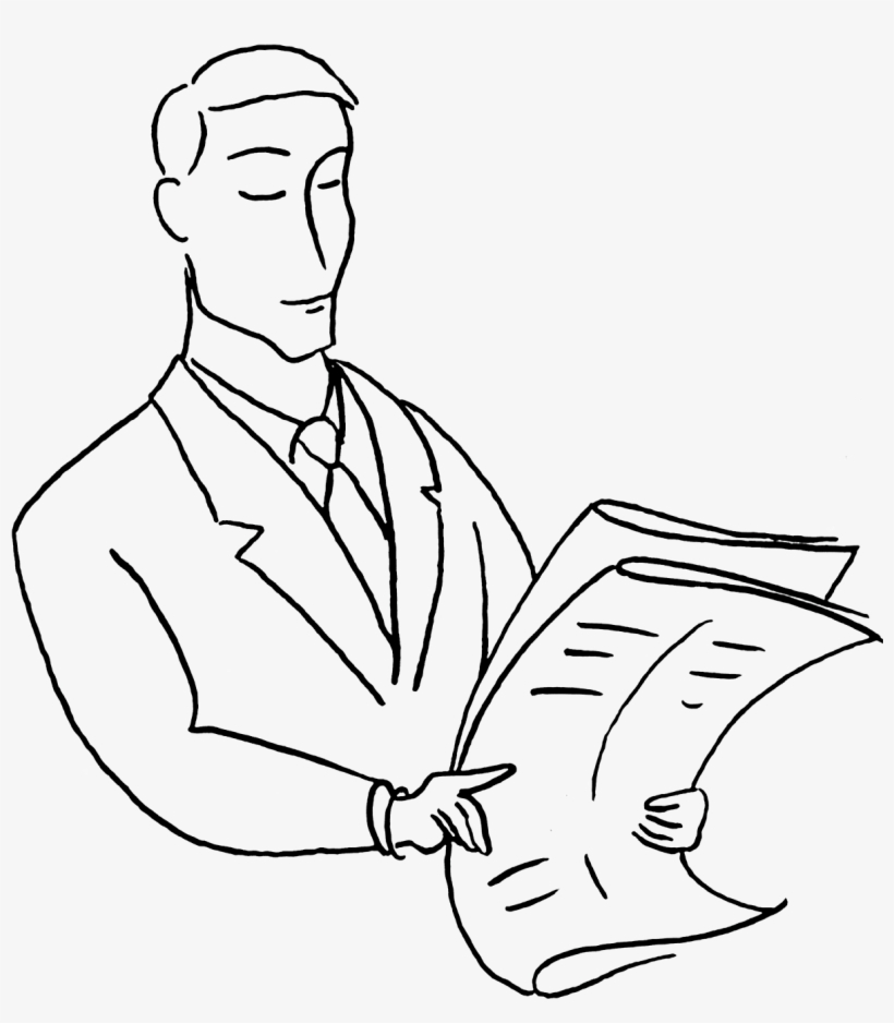 Man in suit reading a newspaper, line drawing illustration.
