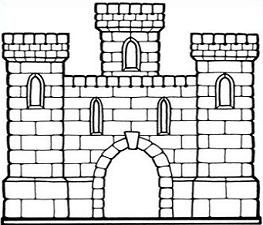 Black-and-white line drawing of a medieval stone castle with arched gate, turrets, and crenellated towers.