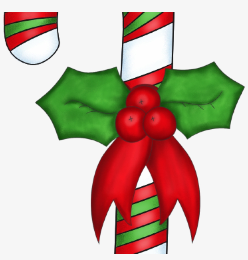 Festive Candy Cane with Holly and Ribbon - Holiday Clipart