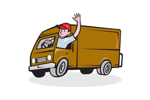 Friendly delivery driver waving from a brown cargo van, cartoon style.