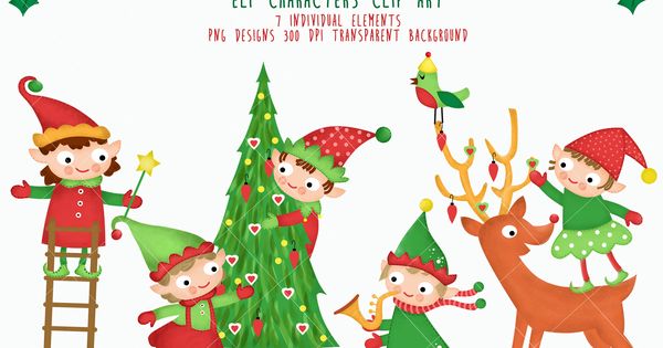 Festive Christmas elves decorating a tree with reindeer, bird, and ornaments in cheerful cartoon style.