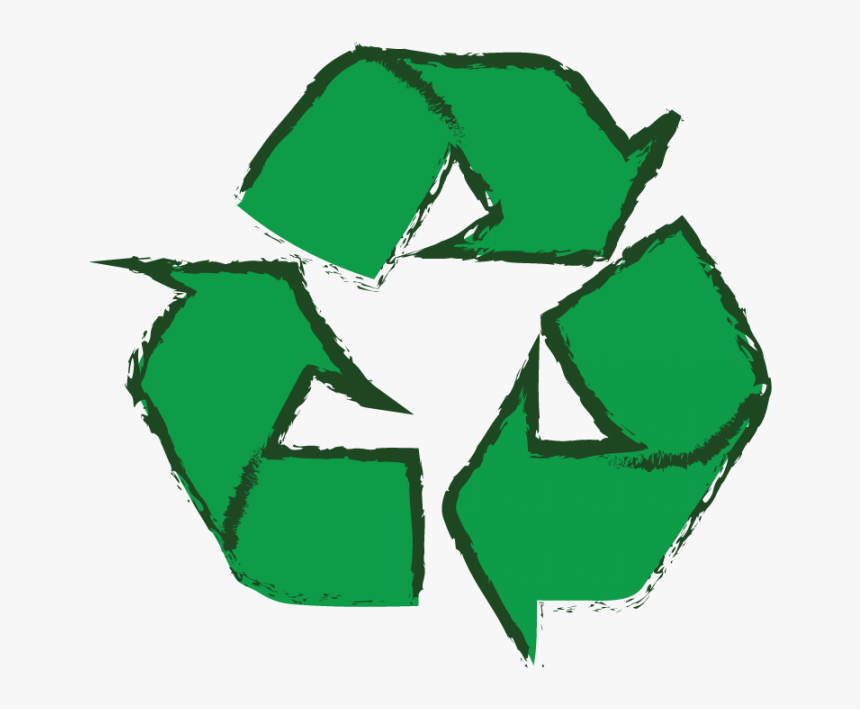 Green recycling symbol with three chasing arrows in a triangular loop, hand-drawn style on white background.