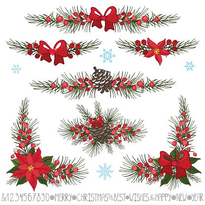 Festive Christmas garlands with pine branches, red berries, poinsettias, bows, and pinecones on white background.