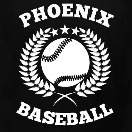 Phoenix Baseball logo featuring a white baseball with stitching, encircled by laurel wreath and stars, on black background.