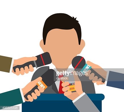 A faceless man in a suit surrounded by multiple hands holding microphones labeled "NEWS" during a press conference.