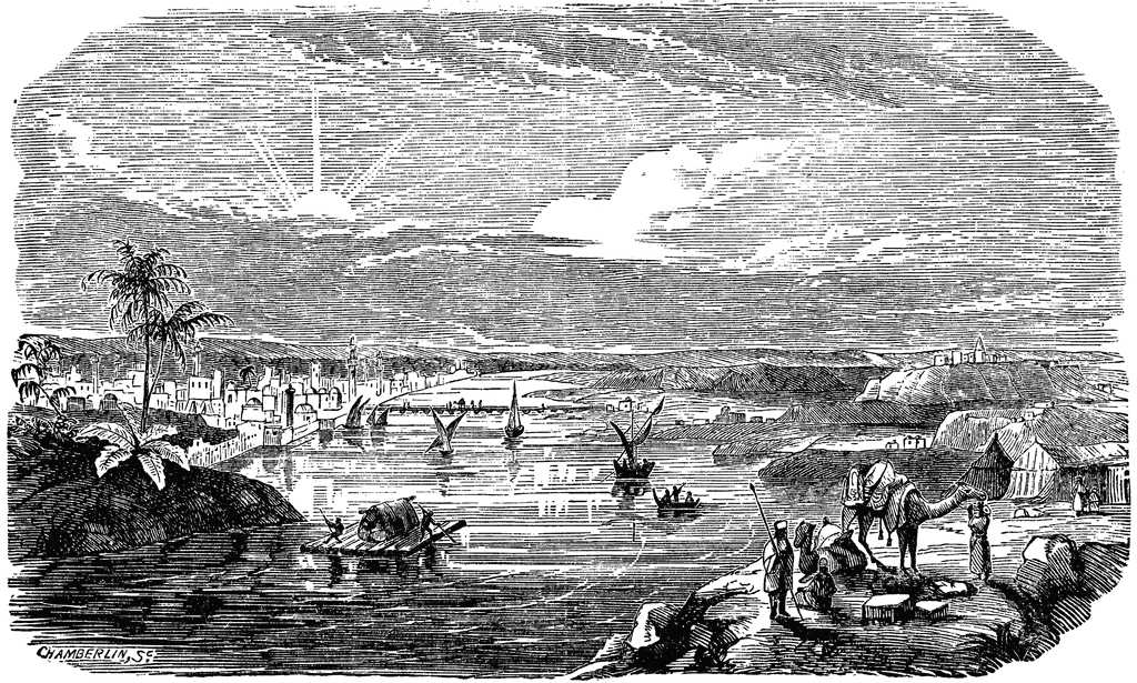 19th-century engraving of a bustling river city with boats, palm trees, and distant hills under a cloudy sky.