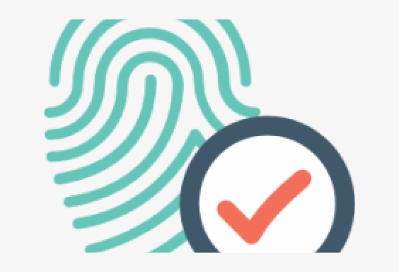 Teal fingerprint icon with a dark blue circle containing an orange checkmark, symbolizing biometric verification success.