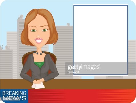 Female news anchor at desk with city skyline background and blank screen for custom content.