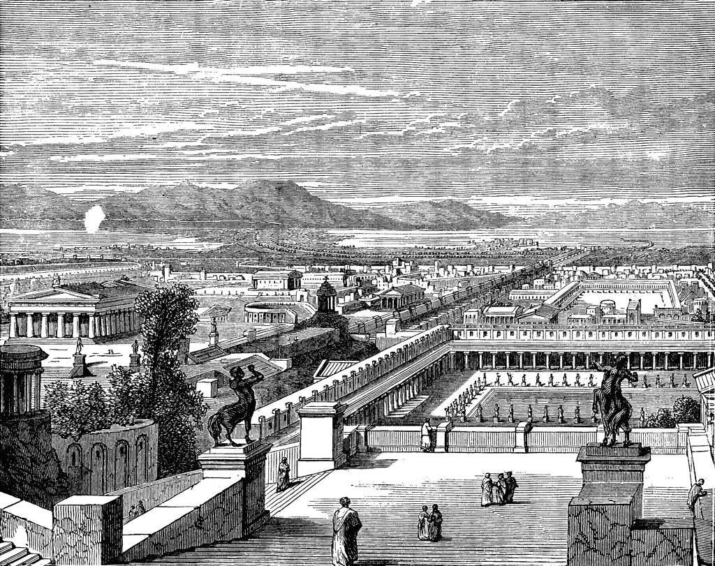 Engraving of ancient Roman cityscape with temples, forums, statues, and distant hills under a cloudy sky.