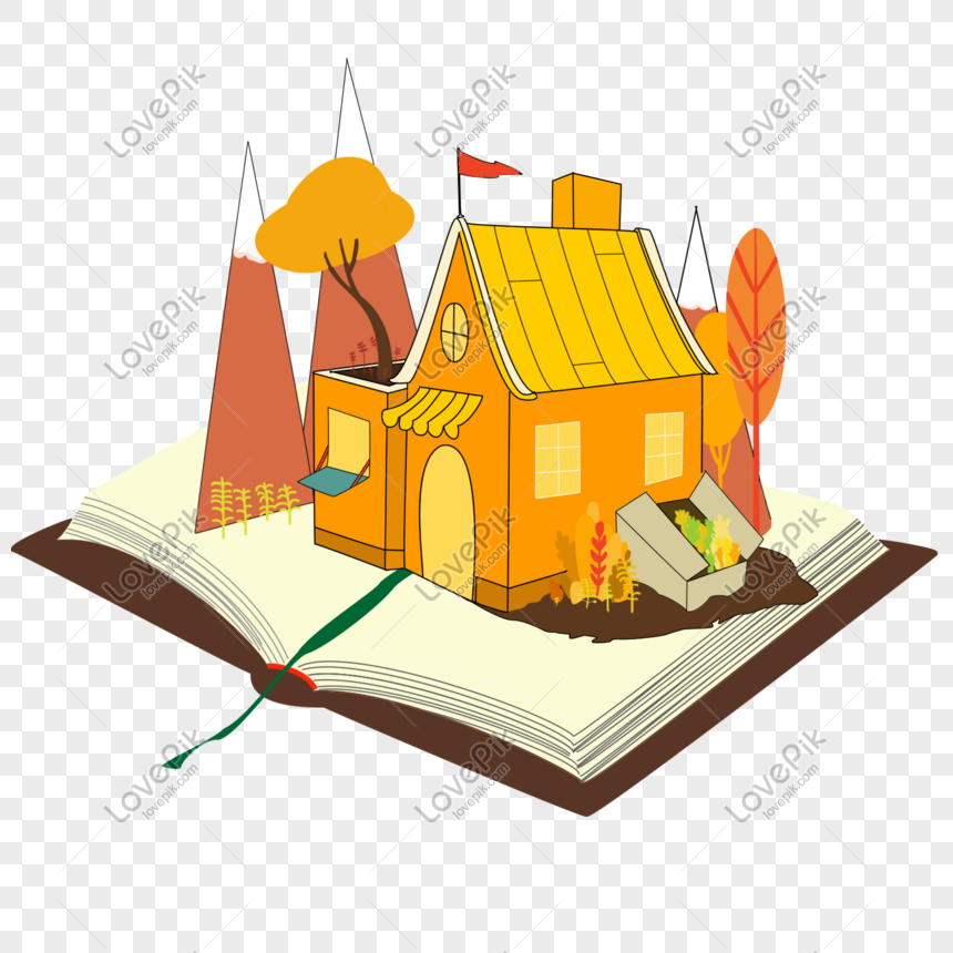 A whimsical open book with a 3D autumnal house, trees, and mountains emerging from its pages.