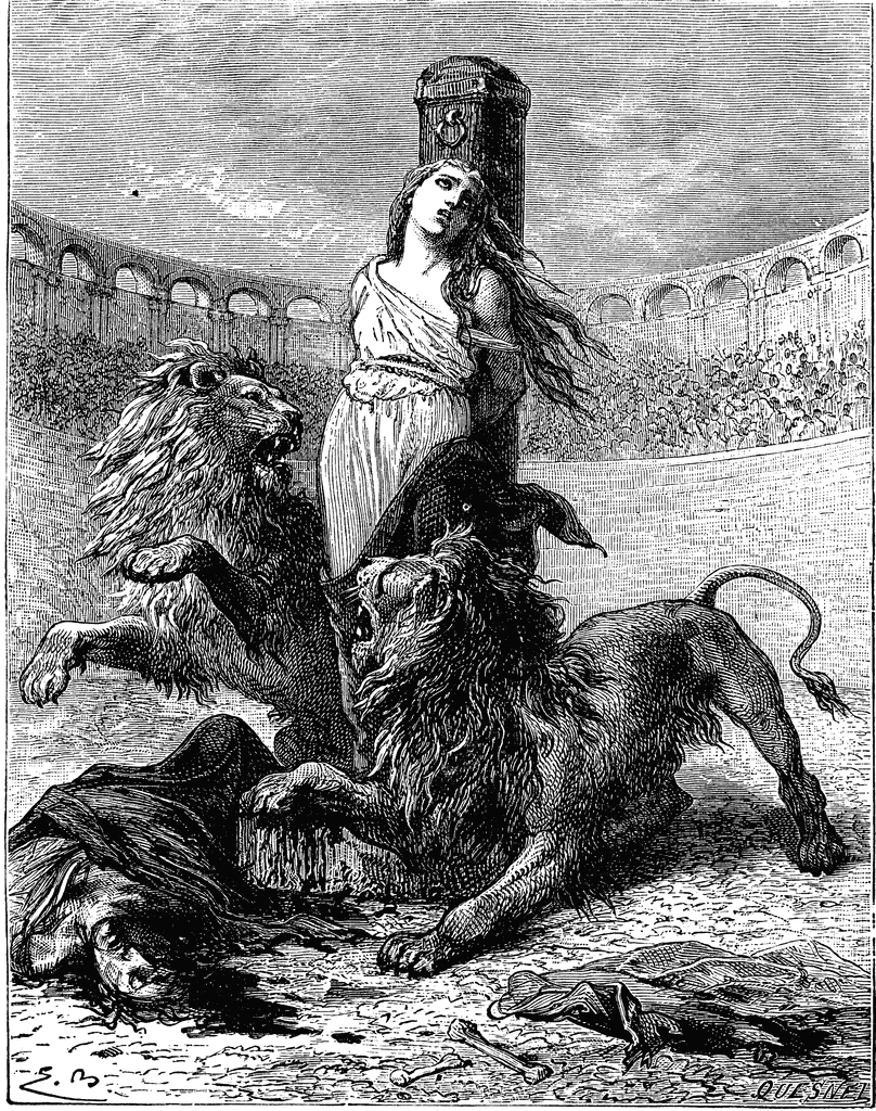 A woman stands defiantly in an ancient Roman amphitheater as lions attack a fallen figure at her feet, crowd watching from stands.