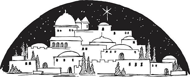 Nighttime ink drawing of Bethlehem with domed buildings, cypress trees, and the Star of Bethlehem shining above.