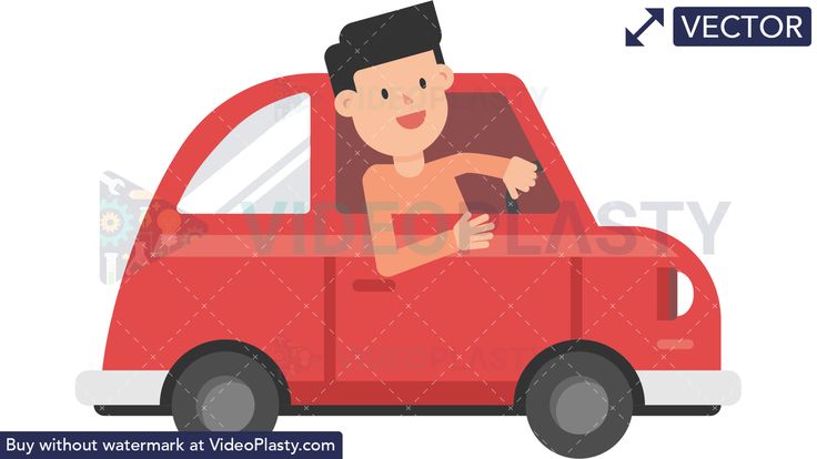 Smiling cartoon man driving a red car, flat vector illustration.