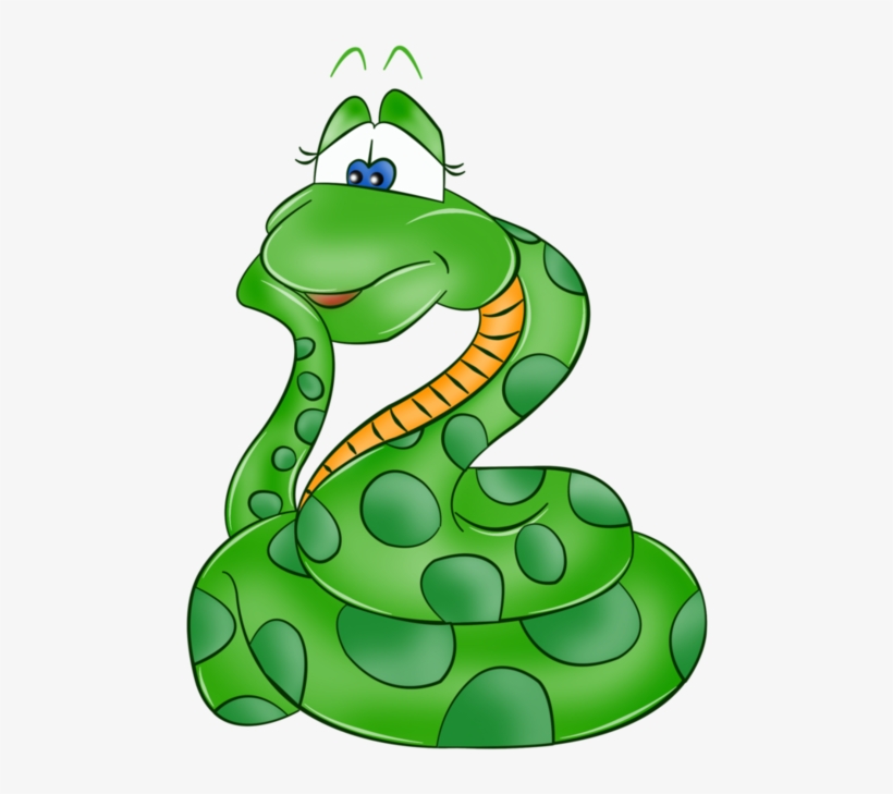 Friendly green cartoon snake with spotted pattern, smiling face, and orange underbelly coiled playfully.