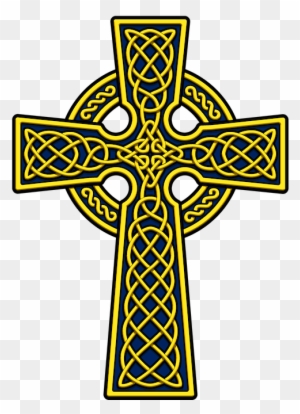 A blue and gold Celtic cross with intricate interwoven knotwork and a circular ring around the intersection.