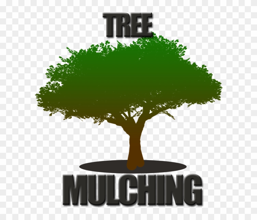 Stylized green tree with mulch base and bold text "TREE MULCHING" above and below.