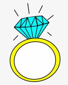 Hand-drawn illustration of a yellow gold ring with a large blue faceted diamond and sparkle lines.