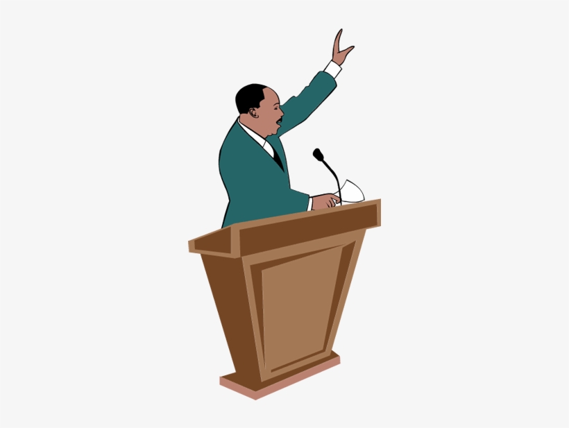 A man in a teal suit delivers a passionate speech at a wooden podium, raising one hand emphatically.