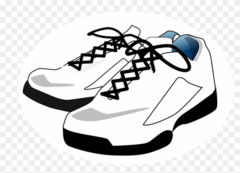White athletic sneakers with black laces and blue heel accents, illustrated in clean vector style.