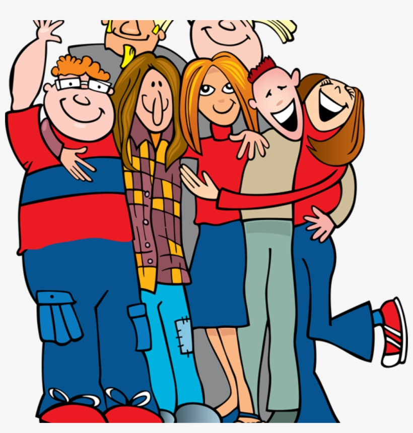 A diverse group of smiling cartoon teens hugging and posing joyfully together.