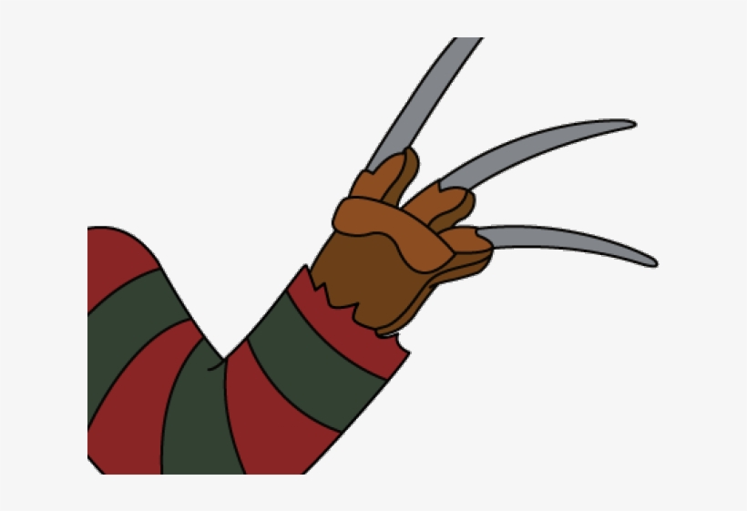 Freddy Krueger’s iconic brown glove with four bladed fingers, emerging from a red-and-green striped sweater sleeve.