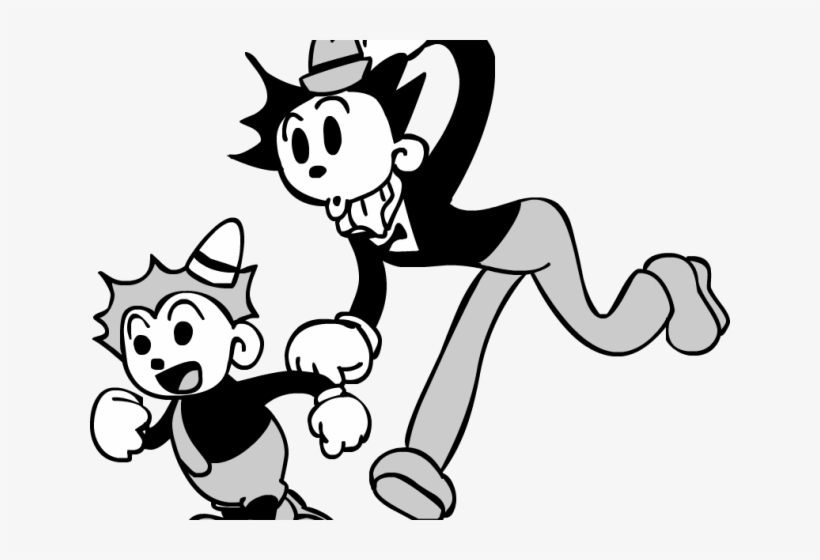 Two classic black-and-white cartoon characters in dynamic running pose, one wearing a hat and suit, the other with spiky hair and party hat.
