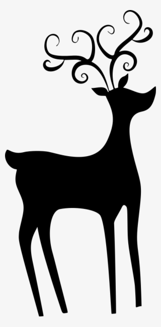 Stylized black silhouette of a reindeer with ornate, swirling antlers on white background.