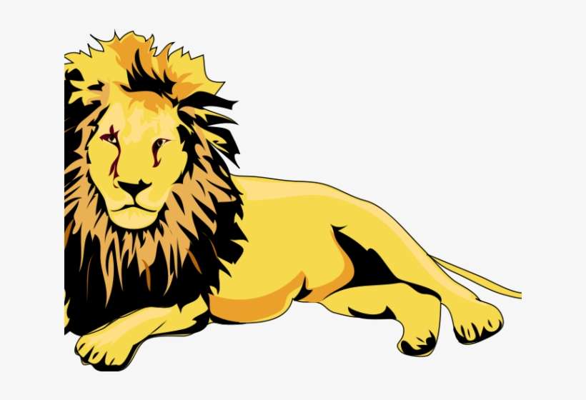 A stylized yellow lion with a full mane lying down, facing forward with bold black outlines and expressive eyes.