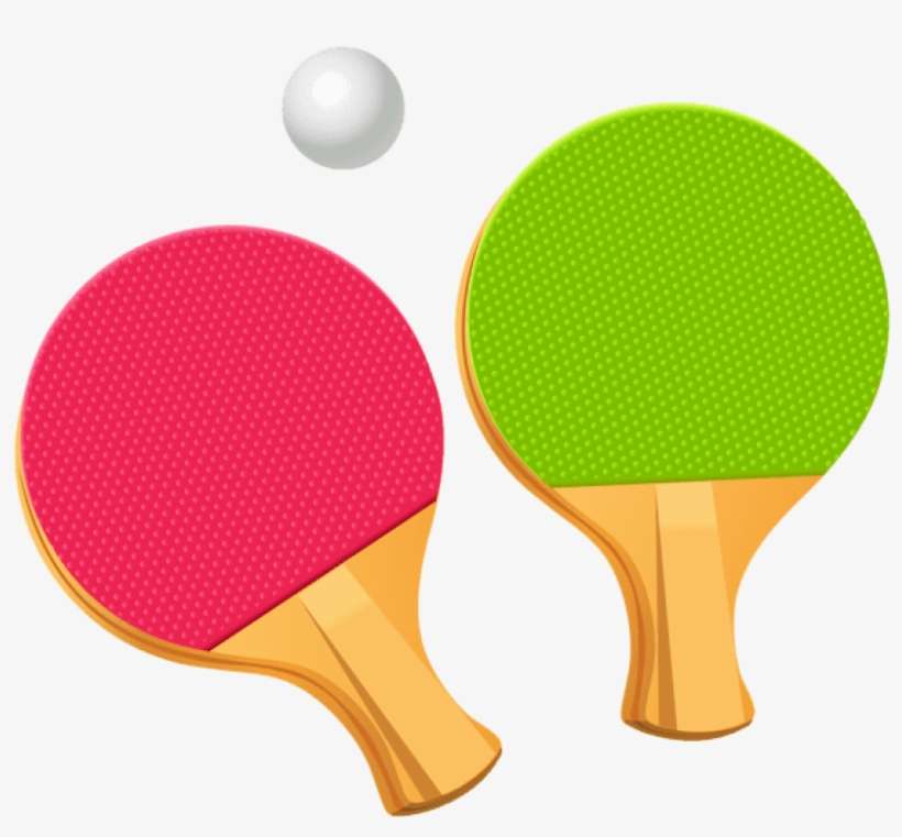Two colorful table tennis paddles (red and green) with a white ping pong ball above them on a white background.