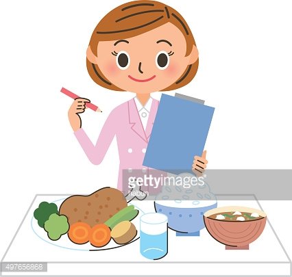 A smiling female nutritionist in a pink lab coat holds a clipboard and pen, reviewing a balanced meal of rice, vegetables, fish, soup, and water.