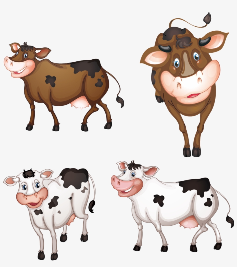 Four cartoon cows-two brown with black spots, two white with black spots-smiling and standing in playful poses.