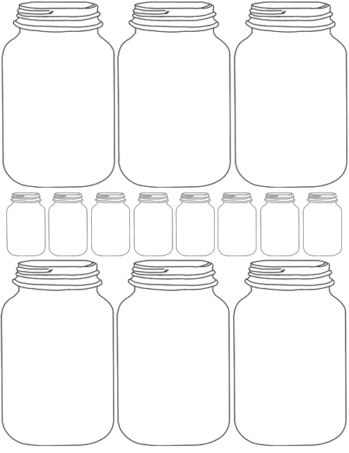 Black-and-white line drawing of nine large mason jars and seven small jars arranged in three rows.