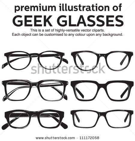 Six black-and-white vector illustrations of geek-style glasses in various classic frames, customizable for design use.