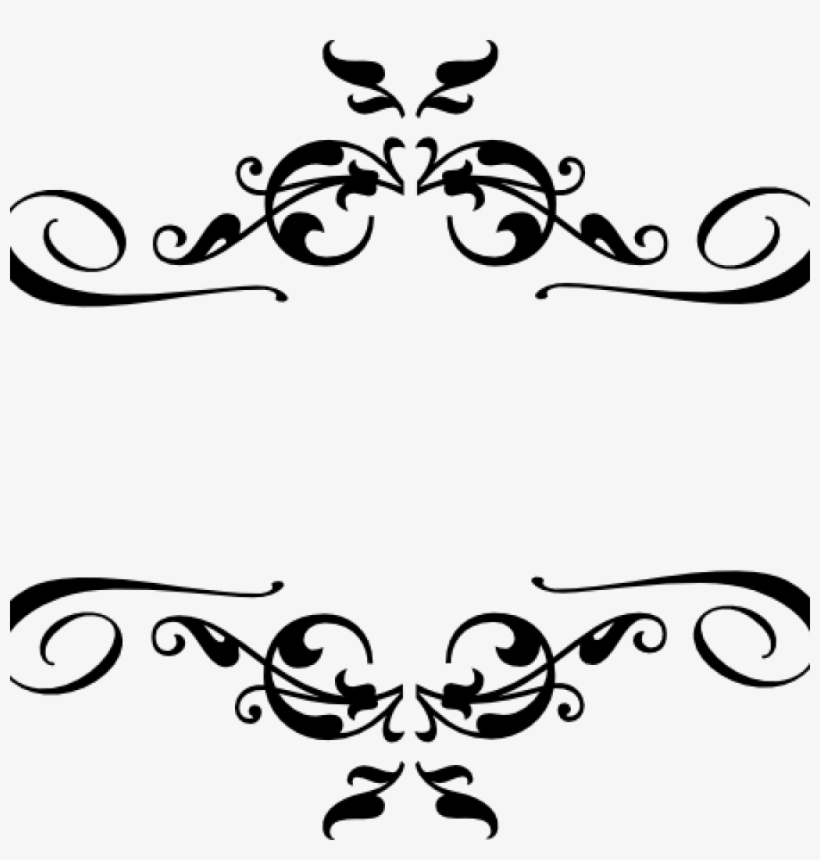 Black ornamental floral scrollwork divider with symmetrical swirls and leaf motifs on white background.
