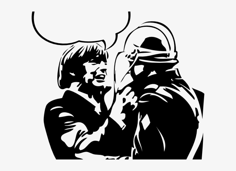 A stylized black-and-white illustration of a person shouting at a helmeted figure, with a speech bubble above.