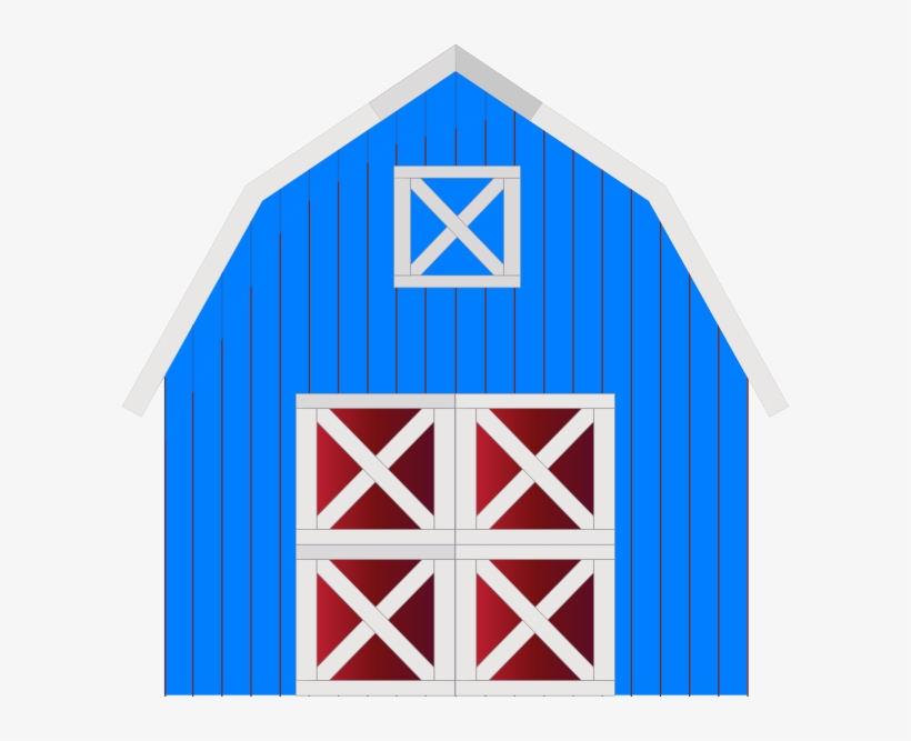 Blue wooden barn with red double doors, white X-brace trim, and a small loft window.