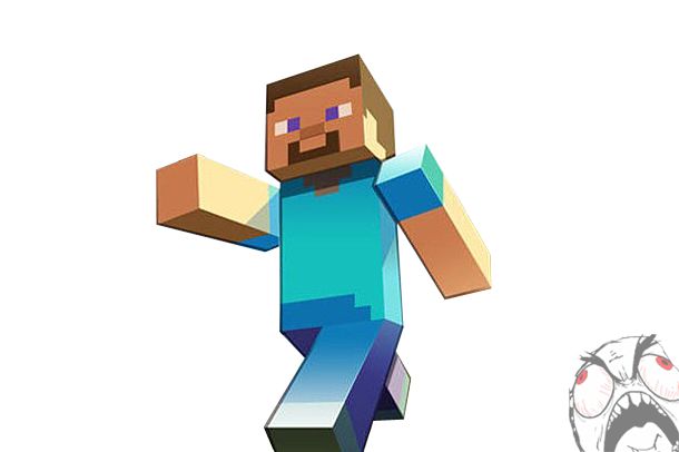 Minecraft character Steve in pixelated 3D style, running with arms outstretched, beside a cartoon rage face meme.
