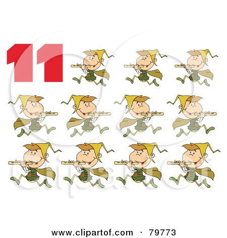 Eleven cartoon elves in green outfits playing flutes while running, next to a large red number 11.
