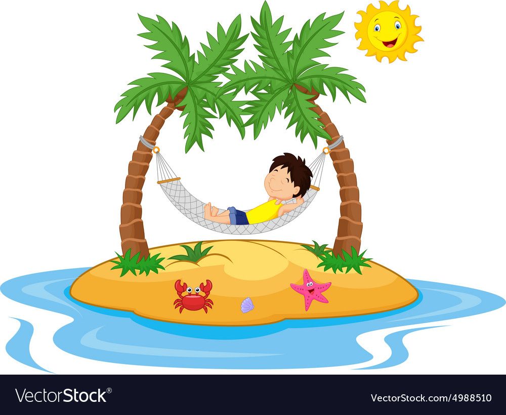 Boy relaxing in a hammock between two palm trees on a tropical island with sun, crab, and starfish.