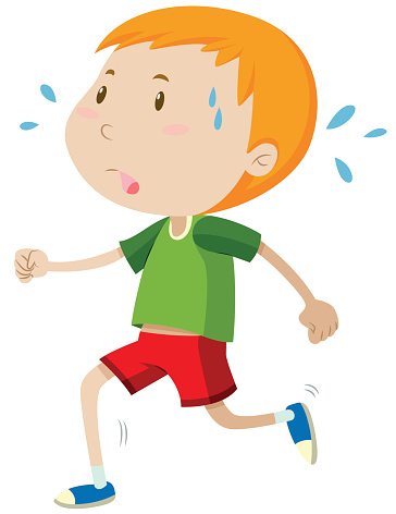 Young boy with orange hair running, sweating, wearing green shirt and red shorts.