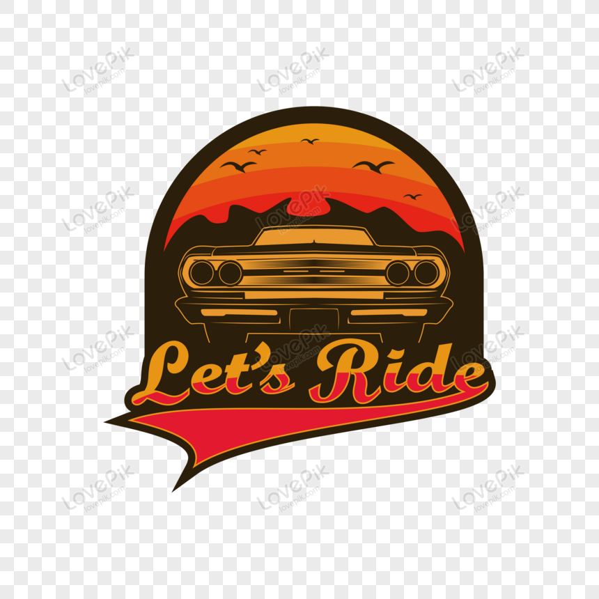 Vintage car silhouette against sunset with "Let's Ride" slogan in retro badge style.