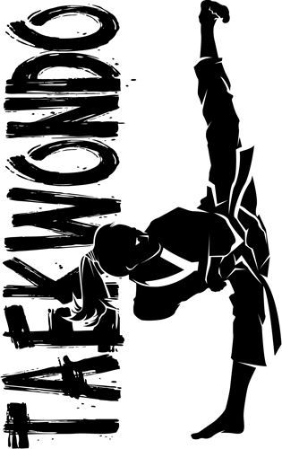 Silhouette of a taekwondo practitioner executing a high kick beside bold "TAEKWONDO" text in brushstroke style.