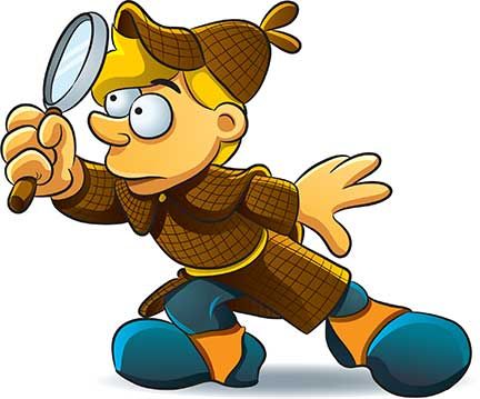 Cartoon detective with magnifying glass, wearing deerstalker hat and brown checkered coat, in investigative pose.