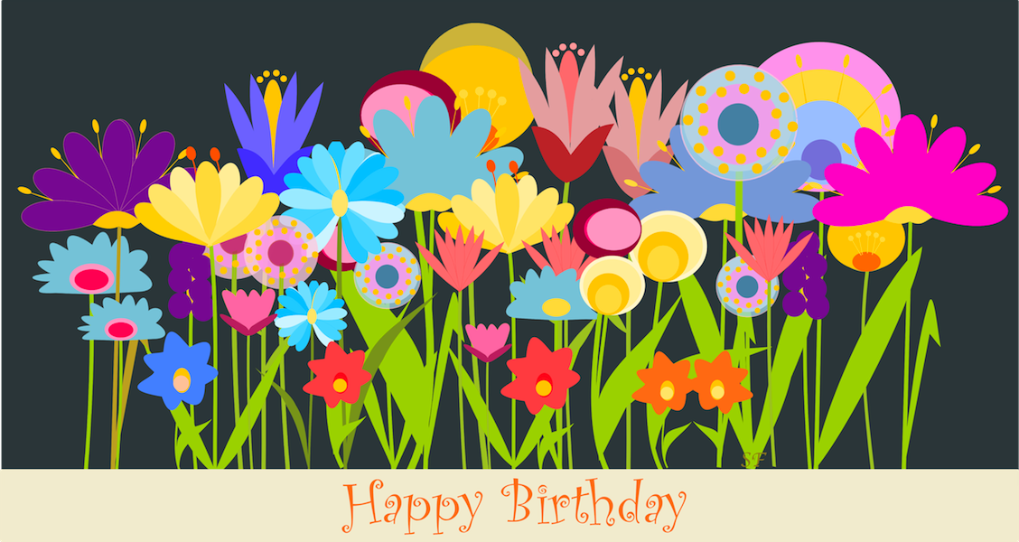 Colorful stylized birthday flower bouquet with "Happy Birthday" text on dark background.