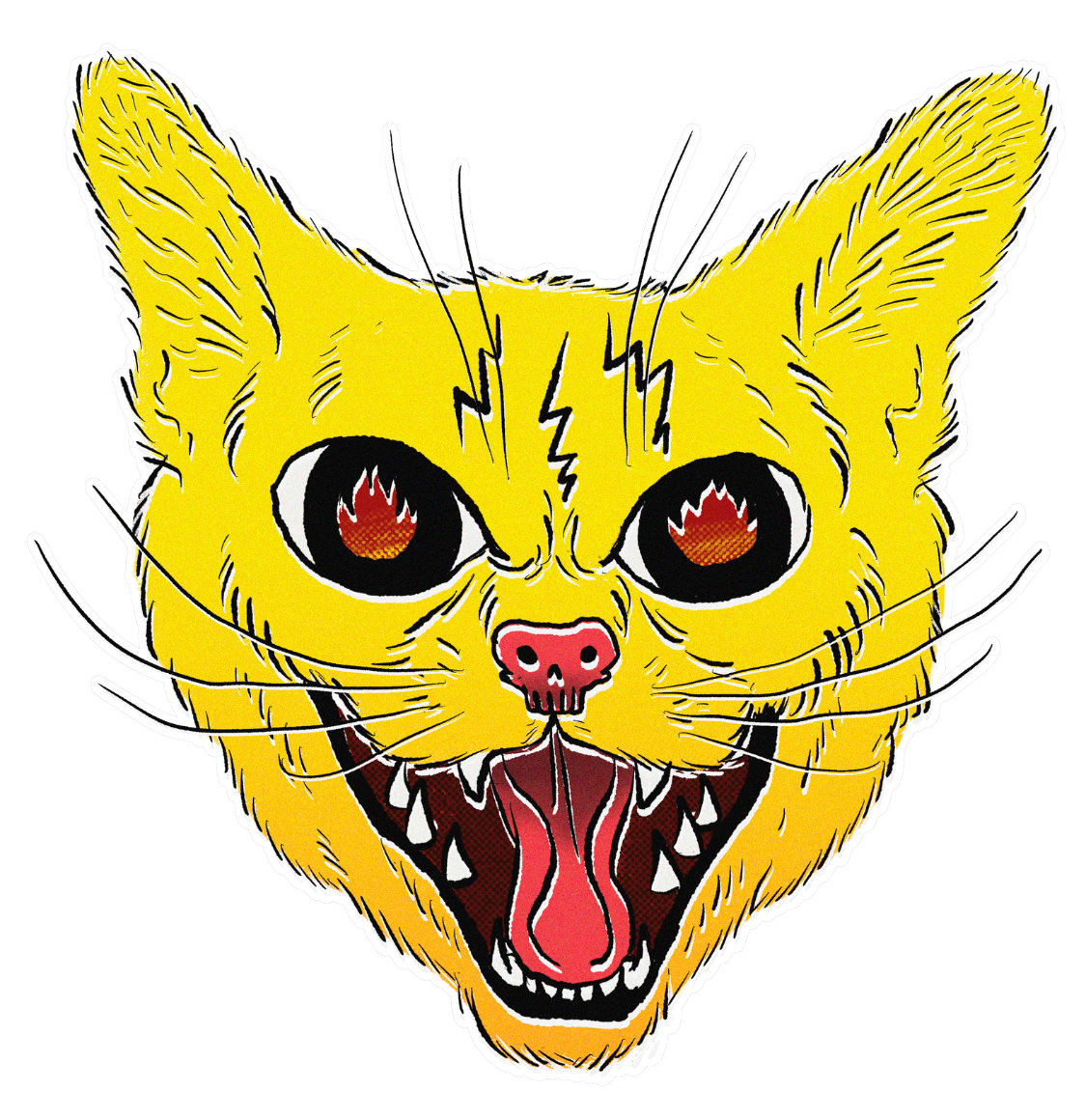 A stylized yellow cat with fiery eyes, lightning bolts on forehead, skull-shaped nose, and bared fangs in a menacing snarl.