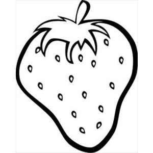 Black-and-white line drawing of a strawberry with seeds and leafy top, suitable for coloring or educational use.