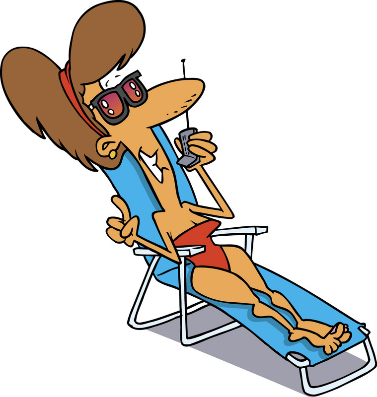 Cartoon woman in red swimsuit and sunglasses lounging on a blue beach chair, holding a walkie-talkie and giving a thumbs-up.