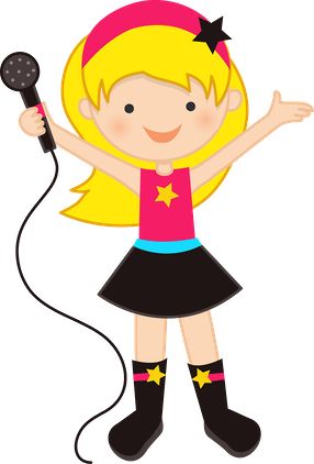 Cheerful cartoon girl with blonde hair, pink headband, star accessories, holding a microphone and singing joyfully.