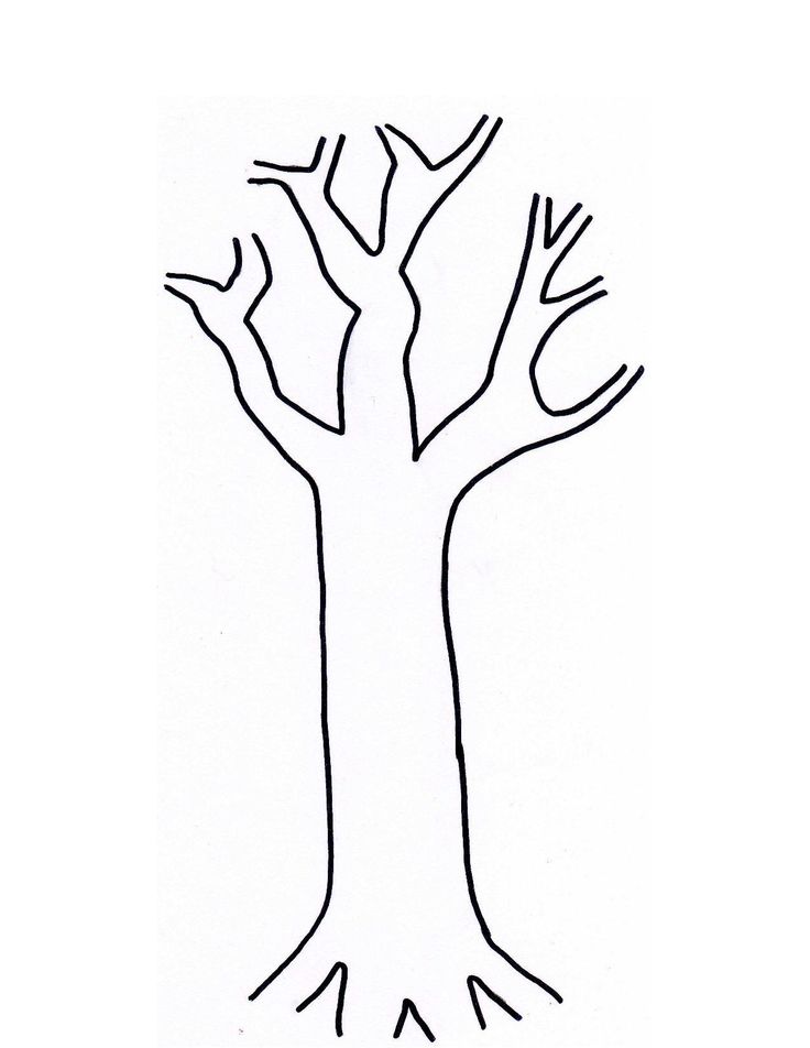 Simple black-and-white line drawing of a leafless tree with branching limbs and visible roots.